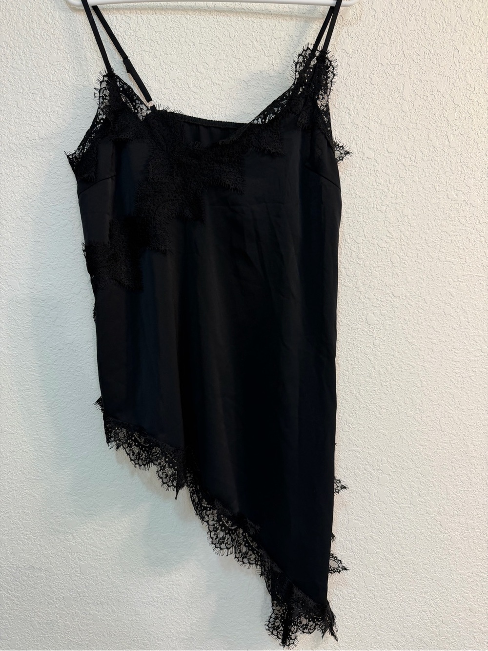 SHEIN Black Satin asymmetrical slip with lace trim